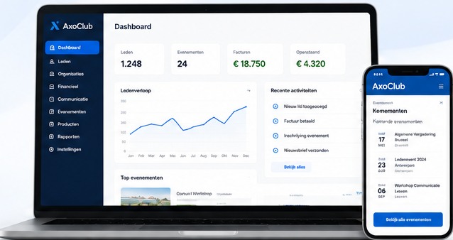 AxoClub dashboard op laptop en smartphone